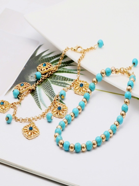 

AQUASTREET Set Of 2 Gold-Plated Turquoise Blue Beaded Anklets
