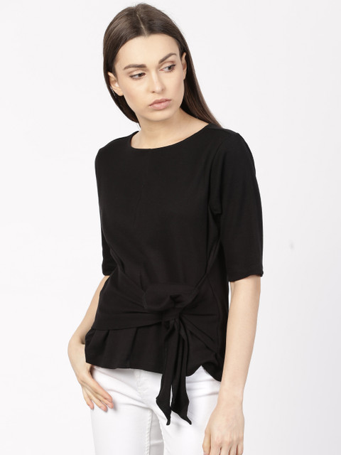 

Ether Women Black Solid Front Tie-Up T-shirt