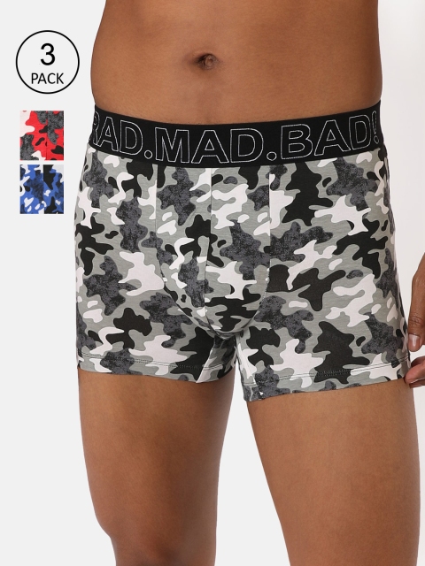 

RAD.MAD.BAD Men Red & Grey Pack of 3 Camouflage Printed Trunks