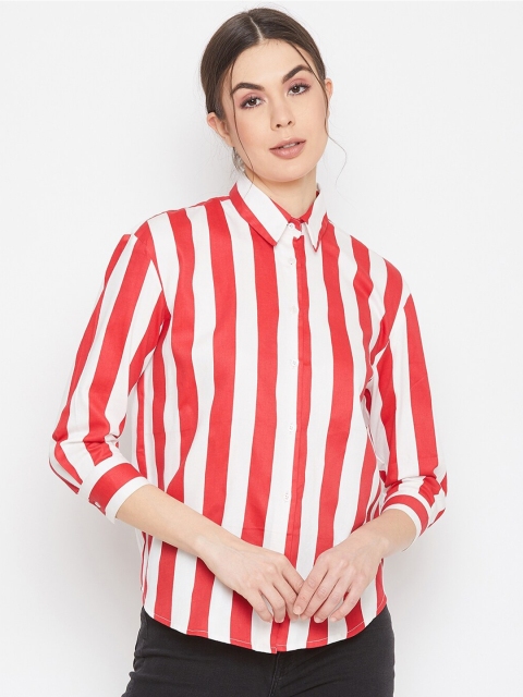 

DELAN Women White & Red Relaxed Striped Casual Shirt