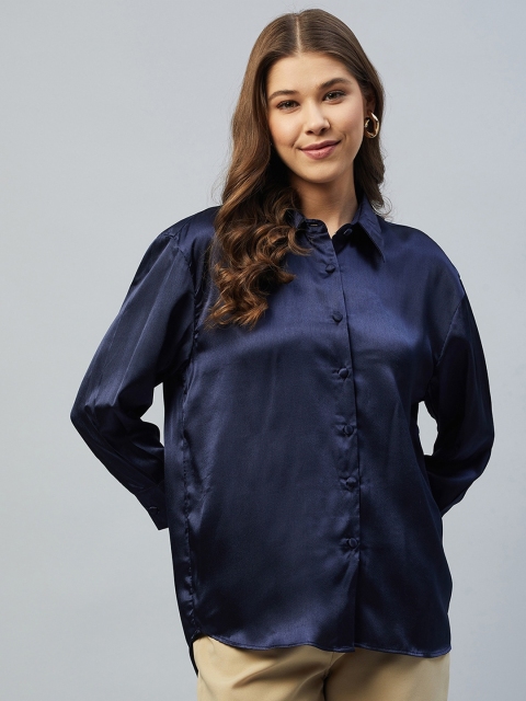 

DELAN Women Navy Blue Relaxed Boxy Satin Casual Shirt