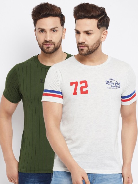 

THE MILLION CLUB Men Pack of 2 White & Olive Green Typography Striped Cotton T-shirts