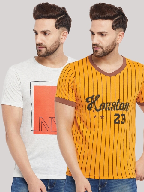 

THE MILLION CLUB Men Pack Of 2 Yellow & White Typography Printed Cotton T-shirts