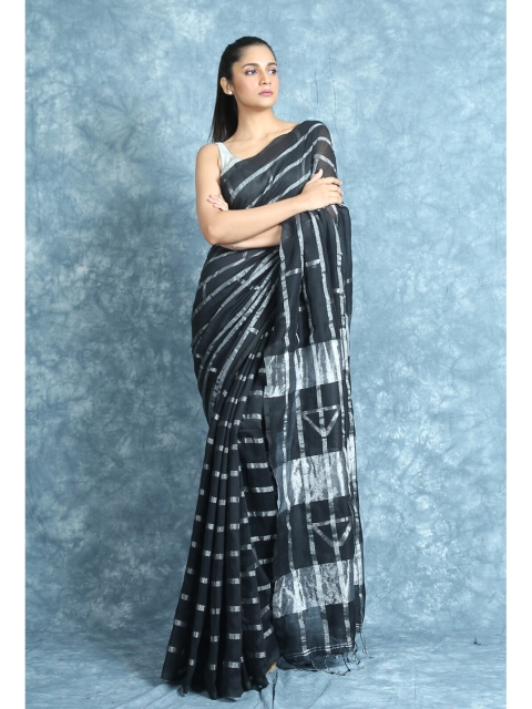 

Arhi Black & Silver-Toned Striped Cotton Blend Saree