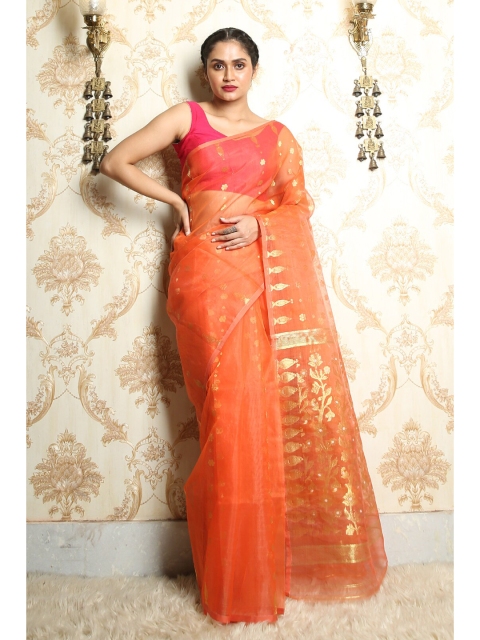 

Arhi Orange & Gold-Toned Woven Design Silk Cotton Jamdani Saree