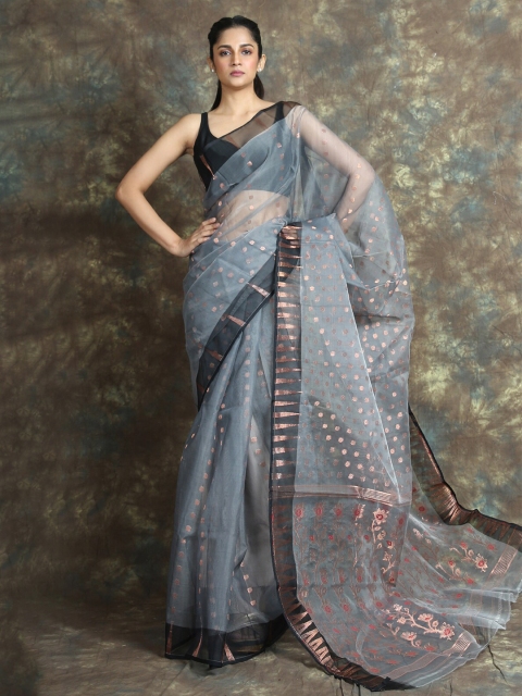 

Arhi Grey & Gold-Toned Woven Design Silk Cotton Jamdani Saree