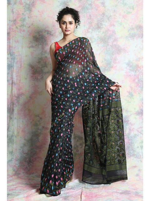 

Arhi Black & Blue Woven Design Silk Cotton Jamdani Saree