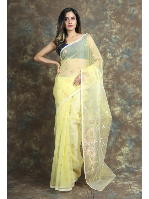 

Arhi Yellow & Gold-Toned Woven Design Silk Cotton Jamdani Saree