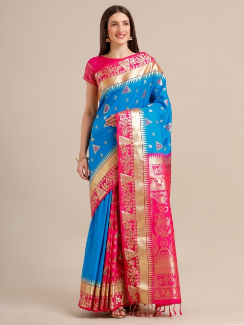 

SAMITTE Blue & Red Ethnic Motifs Art Silk Kanjeevaram Saree