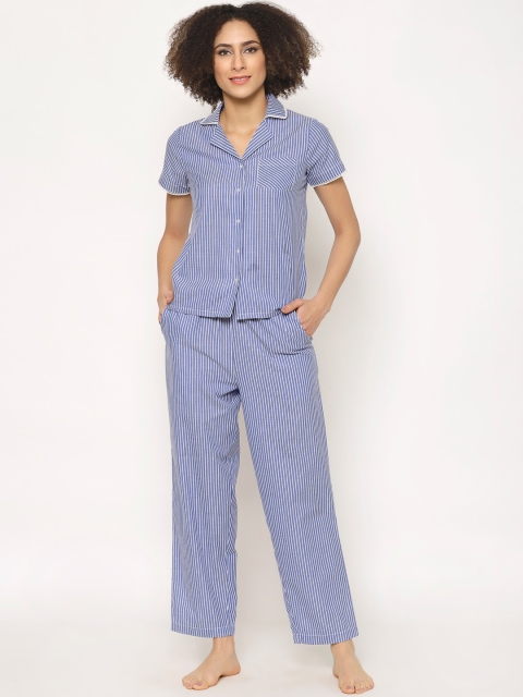 

HOUSE OF KKARMA Women Blue & White Striped Night suit