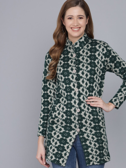 

Darzi Women Green & Grey Floral Printed Longline Cardigan