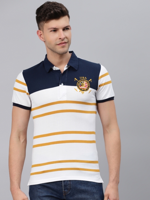 

Pierre Carlo Men White & Mustard Yellow Striped Polo Collar Applique T-shirt