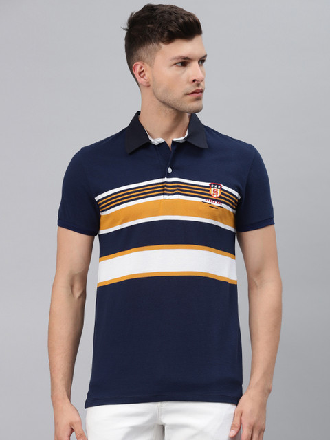 

Pierre Carlo Men Navy Blue & White Striped Polo Collar Applique T-shirt