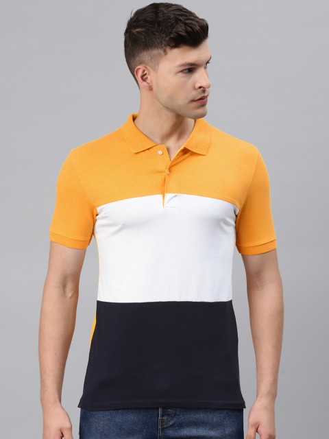 

Pierre Carlo Men Mustard Yellow & White Colourblocked Polo Collar T-shirt