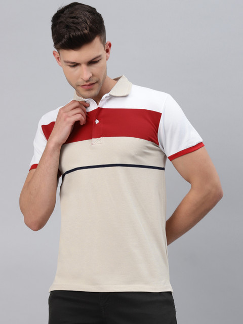 

Pierre Carlo Men Beige & Red Striped Polo Collar T-shirt