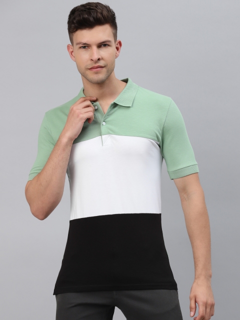 

Pierre Carlo Men Green & White Colourblocked Polo Collar T-shirt
