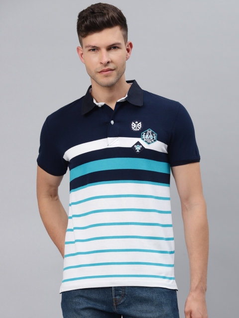 

Pierre Carlo Men Navy Blue & White Striped Polo Collar Applique T-shirt