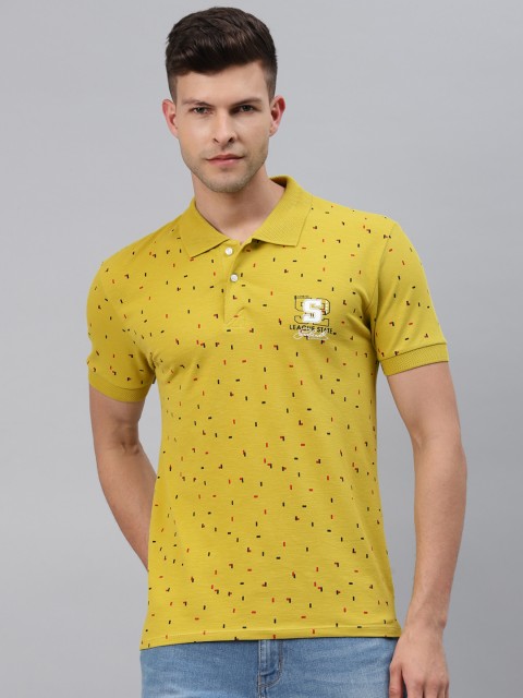 

Pierre Carlo Men Mustard Yellow & Navy Blue Geometric Print Polo Collar T-shirt