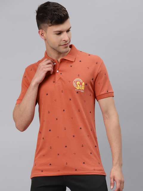 

Pierre Carlo Men Rust Orange Geometric Printed Polo Collar Applique T-shirt