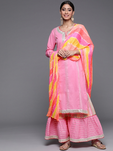 

Varanga Women Pink Ethnic Motifs Yoke Design Panelled Gotta Patti Pure Cotton Kurta with Sharara & With, Peach