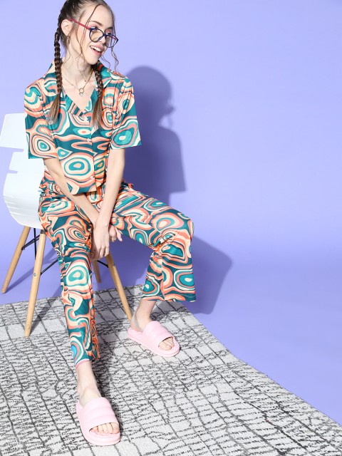 

Bannos Swagger Women Teal Abstract Indie Fusion Lounge Set