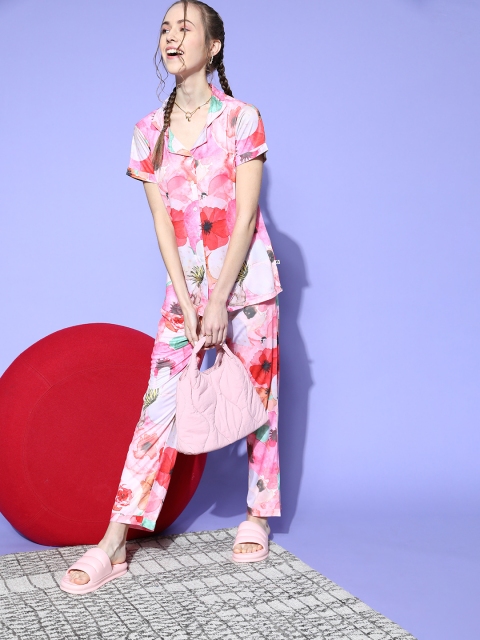 

Bannos Swagger Women Pink Floral Indie Fusion Lounge Set