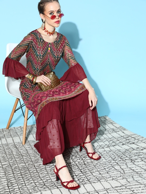 

ZOLA Charming Maroon Georgette Asymmetric Hemline Kurta