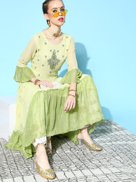 

ZOLA Gorgeous Green Georgette Asymmetric Hemline Kurta