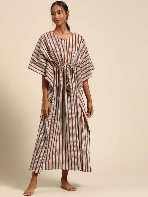 

Prakrti Rust Striped Cotton Maxi Nightdress