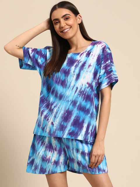 

Prakrti Women Blue & Purple Pure Cotton Dyed Shorts Set