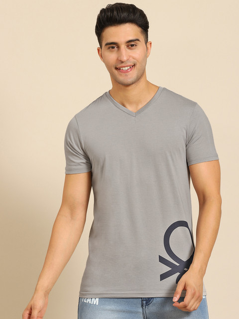 

United Colors of Benetton Men Taupe Brand Logo Printed Knitted T-shirt