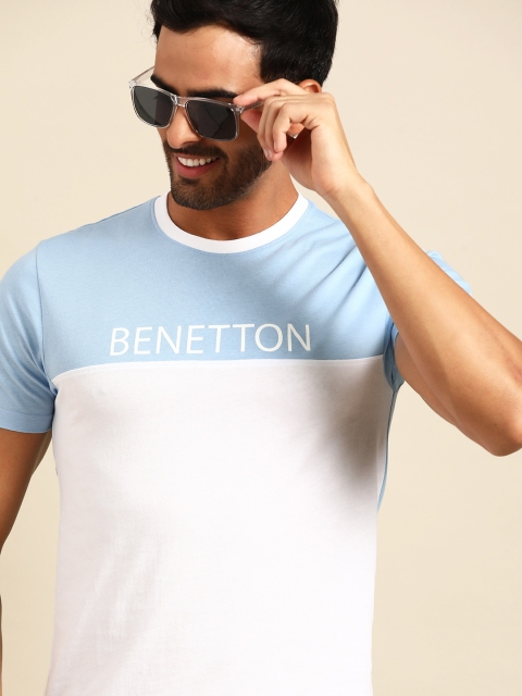 

United Colors of Benetton Men White & Blue Colourblocked Pure Cotton T-shirt