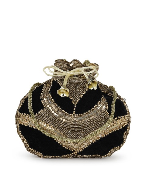 

gaura pakhi Women Black & Gold-Toned Embroidered Embellished Potli Clutch