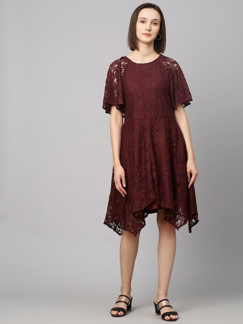 

Chemistry Maroon Lace Asymmetric Fit & Flare Dress