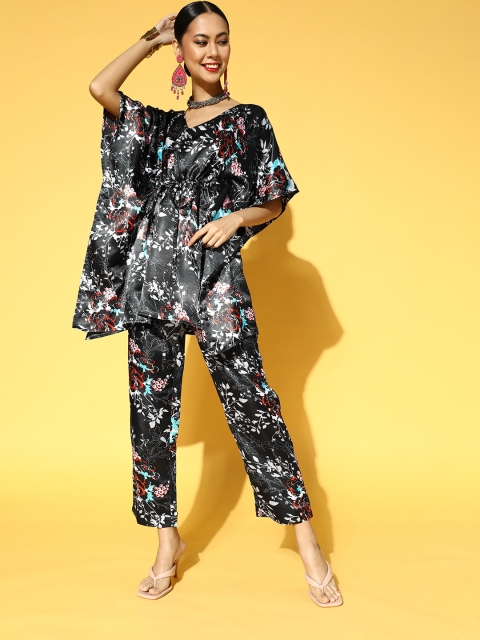

PANIT Women Black Floral Printed Kaftan Kurta with Trousers