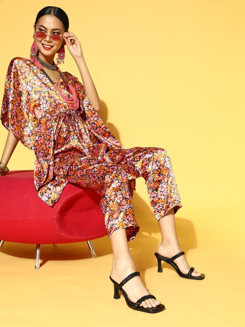 

PANIT Women Orange & Pink Floral Printed Kaftan Kurta with Trousers