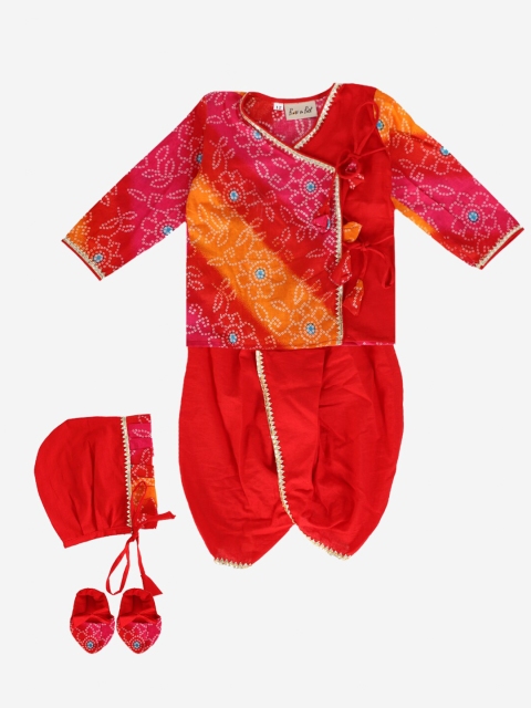 

BownBee Boys Red Bandhani Printed Angrakha Gotta Patti Pure Cotton Kurta Set