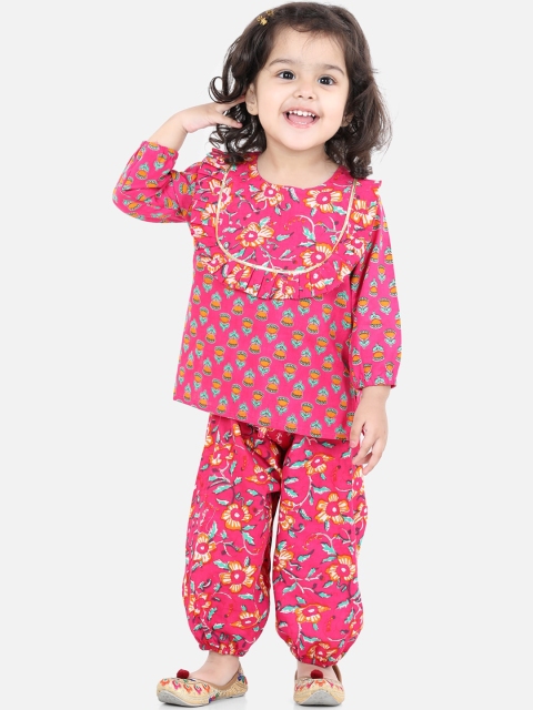 

BownBee Girls Pink Floral Printed Gotta Patti Pure Cotton Kurti with Patiala