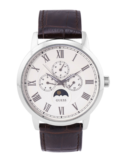 

GUESS Men Beige Printed Dial & Brown Leather Textured Straps Analogue Chronograph Watch