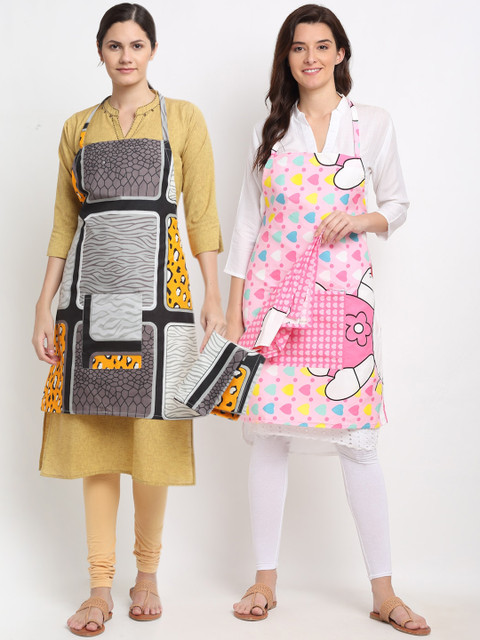 

Dhrohar Pack Of 2 Printed 210 TC Aprons With Napkins, Pink
