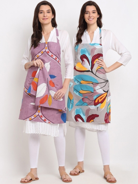 

Dhrohar Pack Of 2 Printed 210TC Apron With Front Centre Pocket & Napkin, Purple