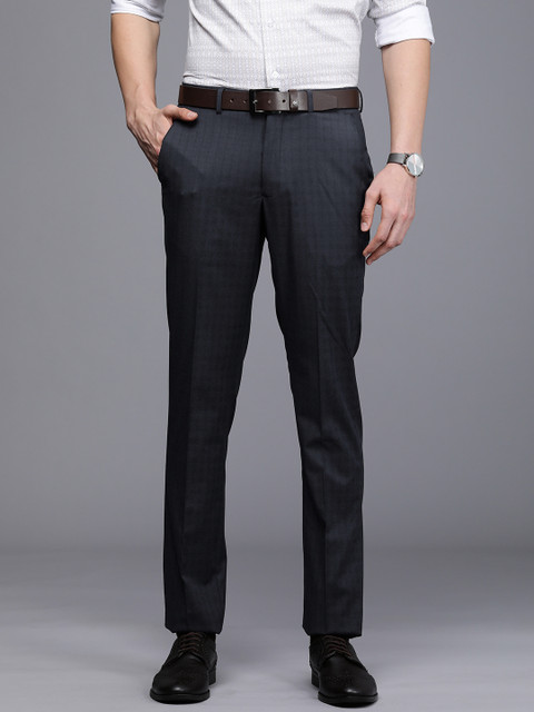 

Louis Philippe Men Navy Blue Checked Mid Rise Slim Fit Formal Trousers