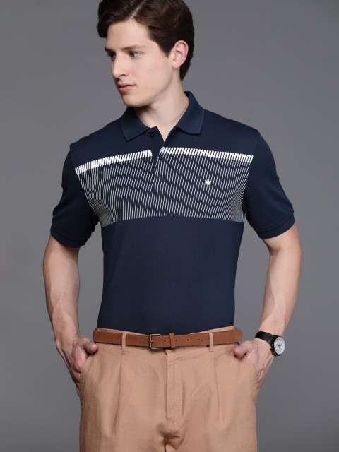 

Louis Philippe Men Navy Blue & White Striped Polo Collar T-shirt