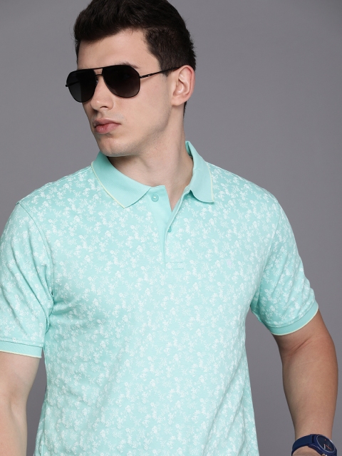 

Louis Philippe Men Blue & White Floral Printed Polo Collar Pure Cotton T-shirt