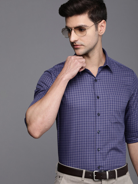 

Louis Philippe Men Blue Slim Fit Grid Tattersall Checked Pure Cotton Formal Shirt