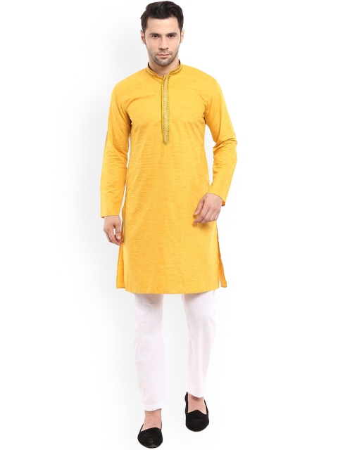 

V-Mart Men Yellow Striped Pure Cotton Kurta with Pyjamas