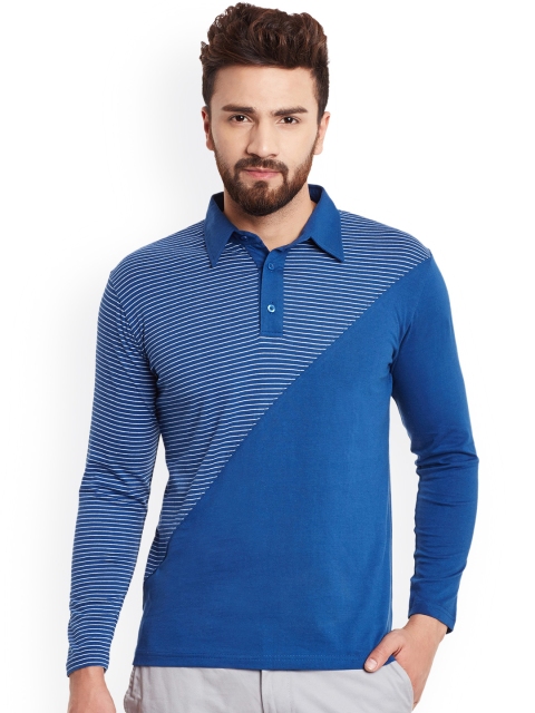 

Hypernation Men Blue & White Striped Slim Fit Polo Collar T-shirt