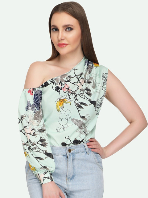 

WOOFFLY Mint Green & Black Floral Print One Shoulder Crepe Top