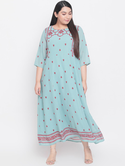 

Amydus Plus Size Women Sea Green Ethnic Motifs Cotton Maxi Dress