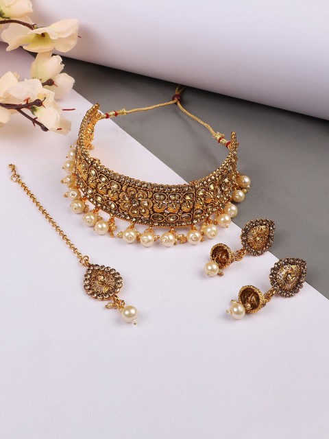 

ANIKAS CREATION Gold- Plated Stone Studded & Beaded Jewellery Set